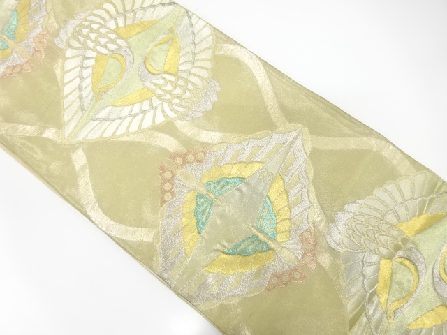 JAPANESE KIMONO / ANTIQUE FUKURO OBI / SILK / WOVEN BUTTERFLY & CRANE